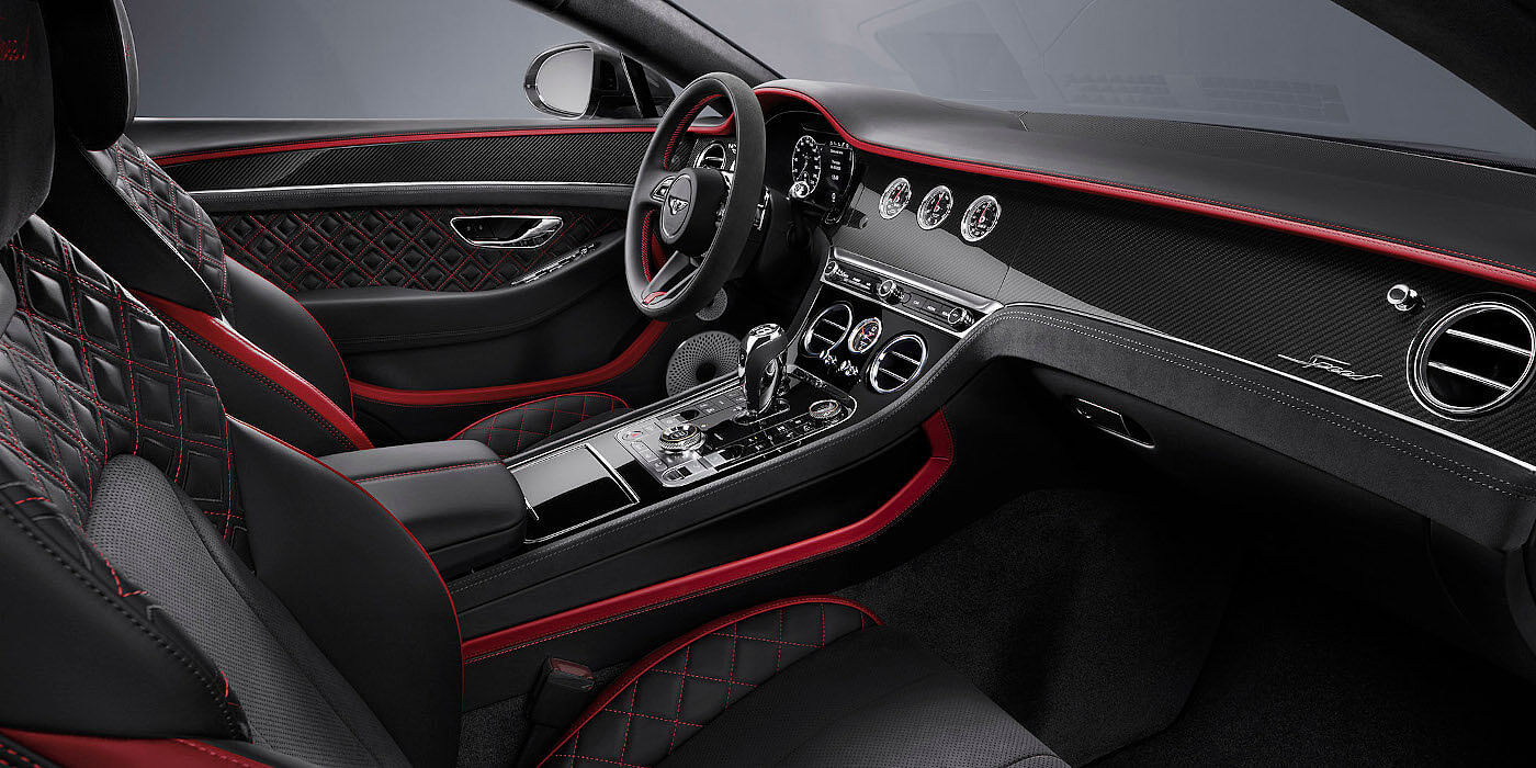 Bentley Firenze Bentley Continental GT Speed coupe front interior in Beluga black and Hotspur red hide