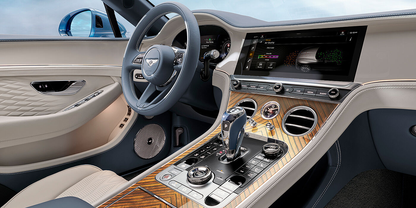 Bentley Firenze New Bentley Continental GTC Azure convertible interior front cabin view with Linen and Brunel hides and Piano Linen by Mulliner veneer featuring centre console and centre MMI screen