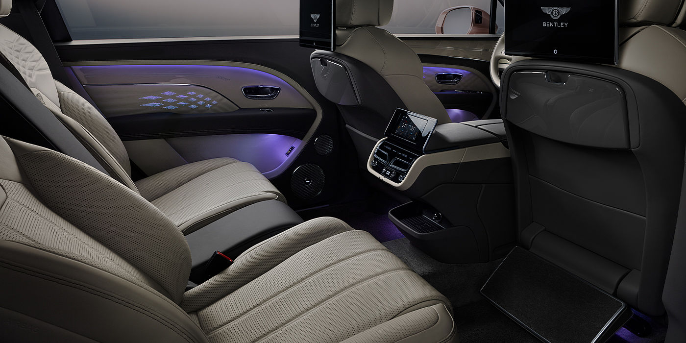 Bentley Firenze Bentley Bentayga EWB Azure SUV rear interior with Bentley Diamond Illumination