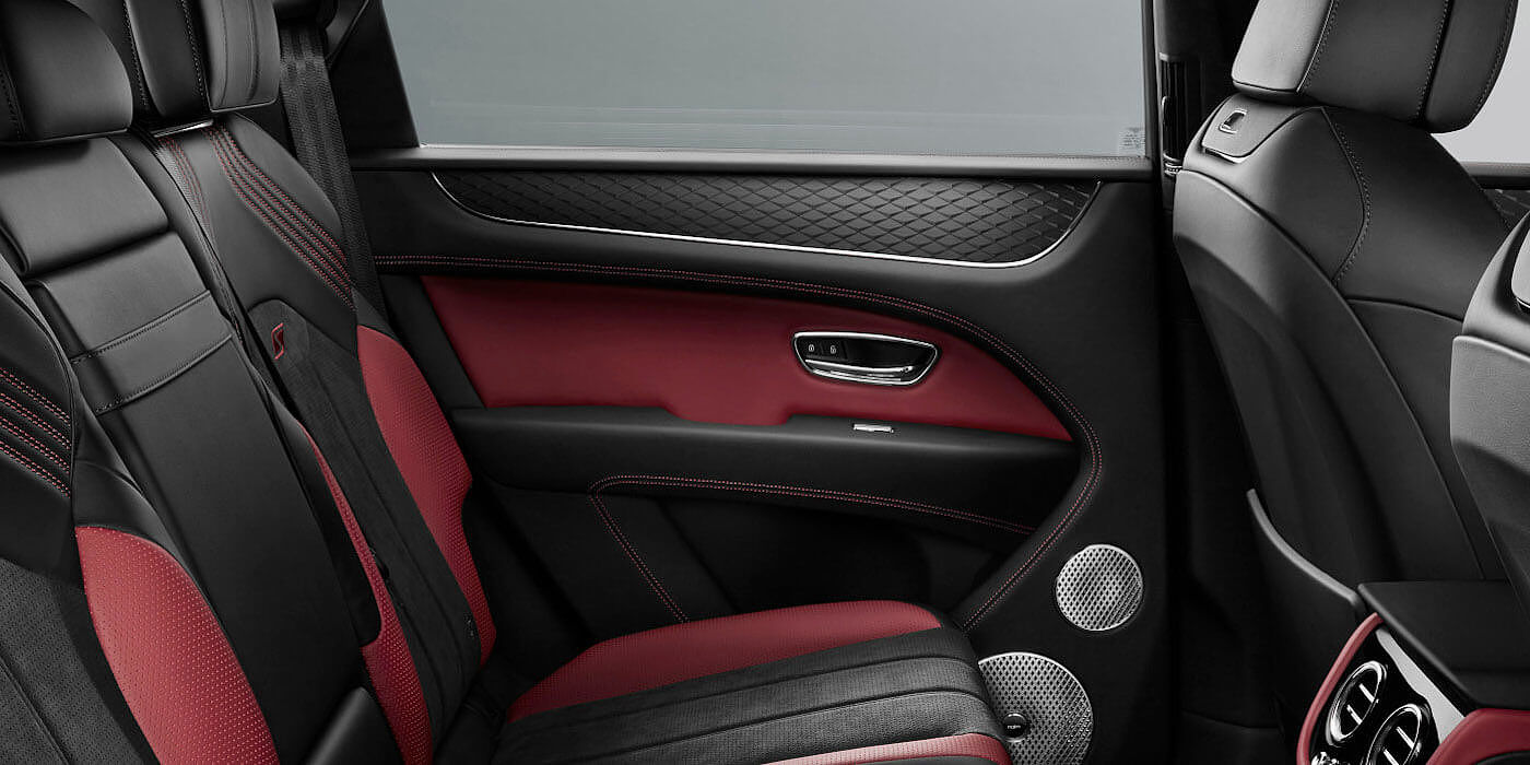 Bentley Firenze Bentley Bentayga S SUV rear interior in Beluga black and Hotspur red hide
