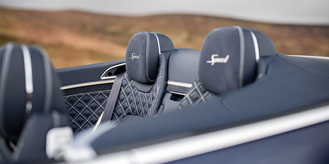 Bentley Firenze Bentley Continental GTC Speed convertible rear interior in Imperial Blue and Linen hide