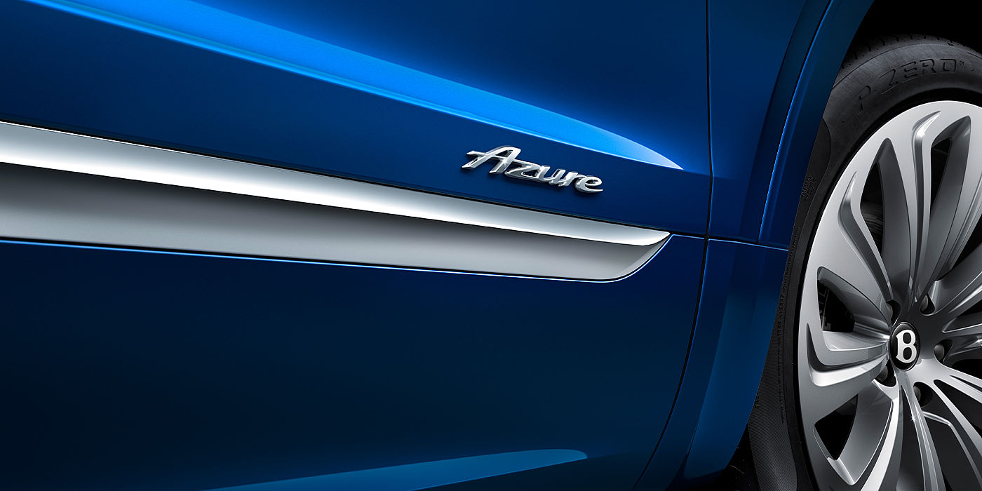 Bentley Firenze Bentley Bentayga Azure SUV Sequin Blue paint with Azure badge close up