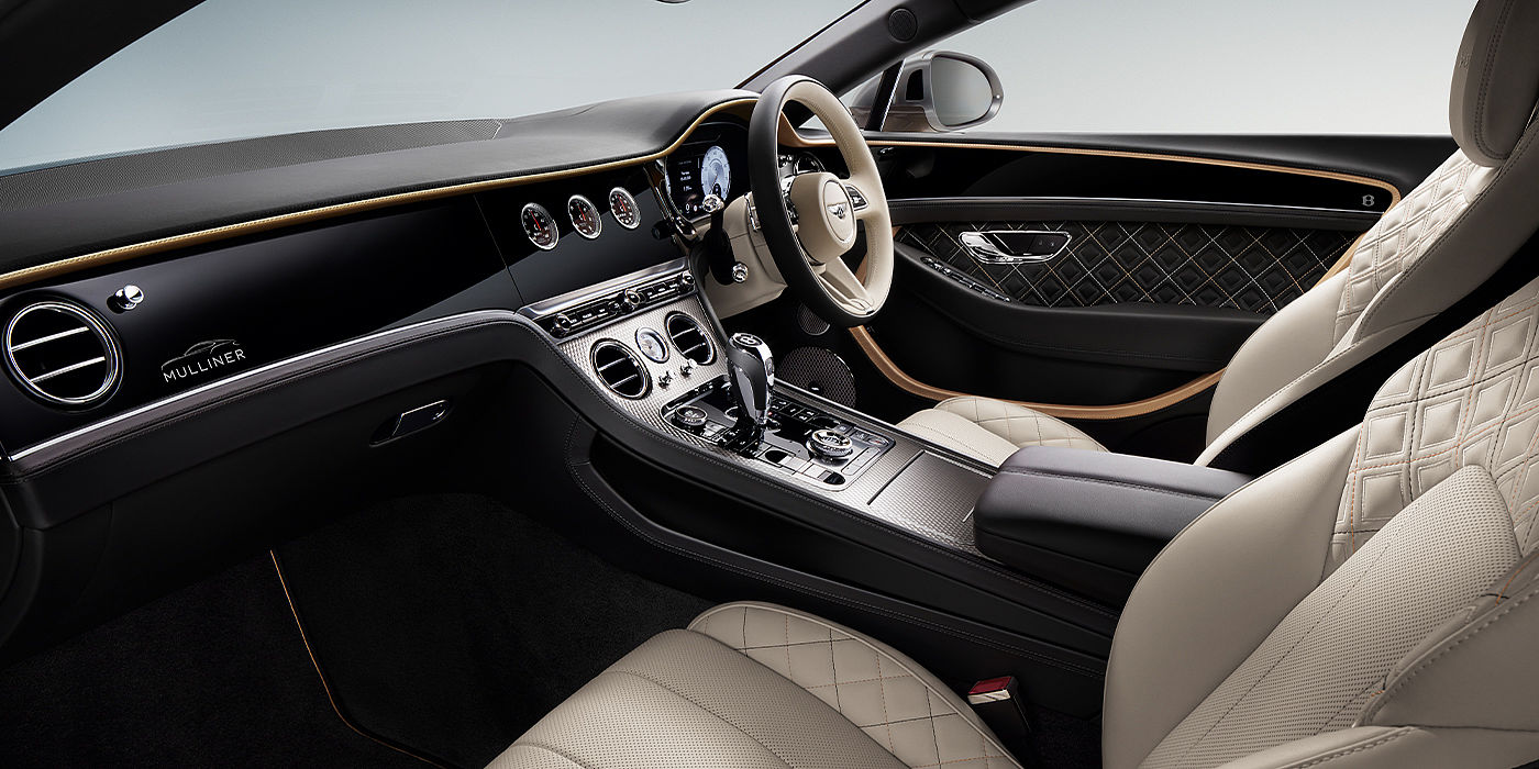 Bentley Firenze Bentley Continental GT Mulliner coupe front interior in Beluga black and Linen hide